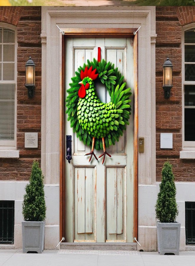 IVN Festive Rooster Door Cover 35x71 Inch Double Sided Unique Door Decoration with Green Pine, Rooster Shape & Red Accents for Indoor Outdoor Porch Holiday Home Decor - Image 2